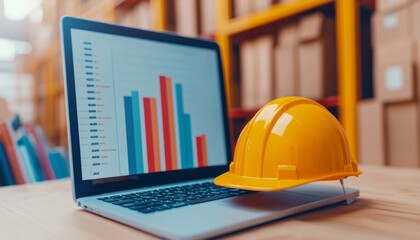 A laptop displaying bar graphs next to a yellow hard hat, symbolizing safety and data analysis in a warehouse or construction setting.