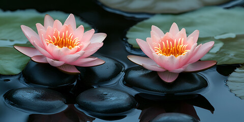 Pink Water Lilies Blooming on Calm Pond Surface