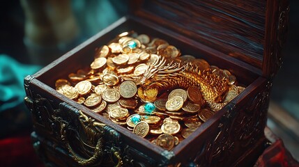 Ornate Antique Treasure Chest Overflowing with Golden Coins and Valuables
