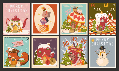 ​​Christmas new year posters in cartoon style. Christmas house, santa, gift bag, christmas tree, snowman, christmas ball, snowflakes. Vector postcards. Picture for wall and for printing