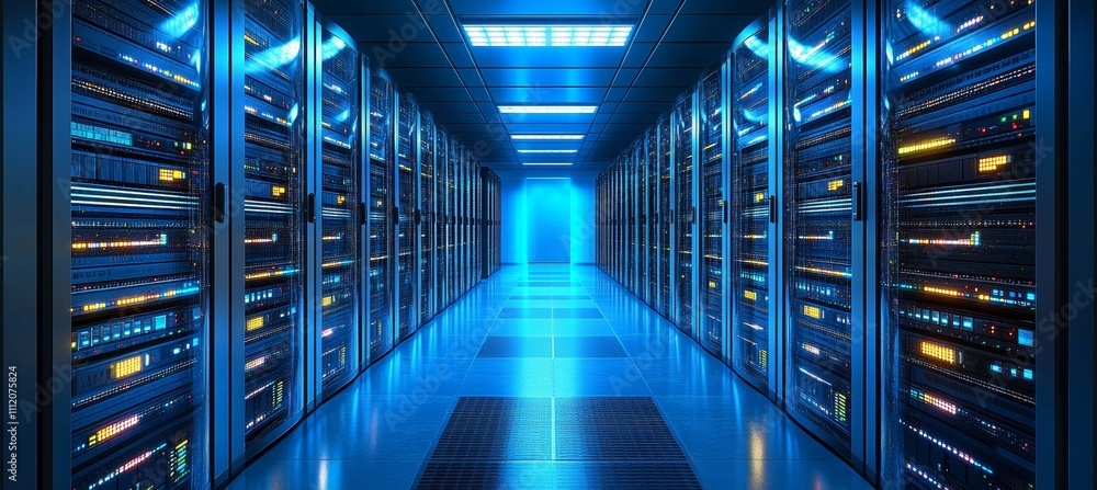 Poster High speed computer on data server room. Hardware computing infrastructure system. Generative AI technology.	
