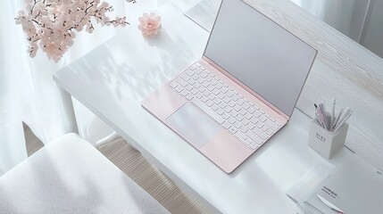 Elegant pink laptop on a minimalist white desk with soft natural lighting and a floral accent.