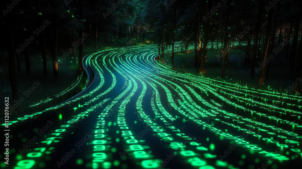 Poster digital winding road with green binary code on black background