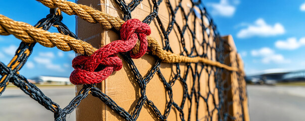 Cargo net tightly secured over goods in a cargo hold, aerodrome terminal faintly visible through side panels