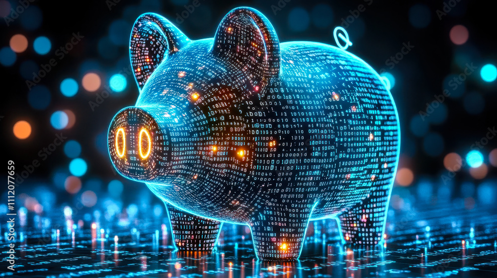 Poster blue digital piggy bank with binary code symbolizing ai-driven financial management and investment t