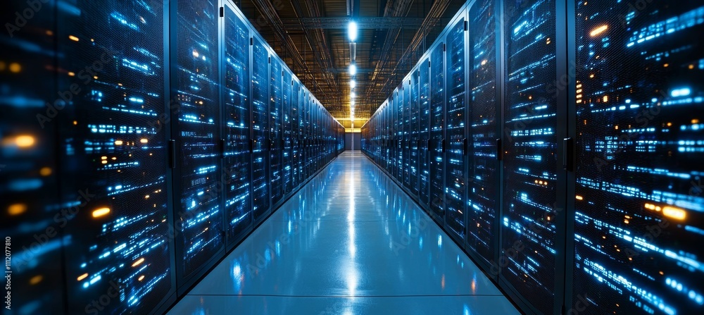 Poster Digital bigdata server center room. Hardware computing infrastructure system. Generative AI technology.	
