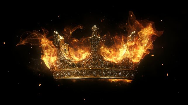 A flaming fantasy golden crown. Medieval crown burning in flames, smoke and embers. Isolated dark background. Rise and fall of an empire. King, queen, prince, princess. Fantasy medieval papal mitre.