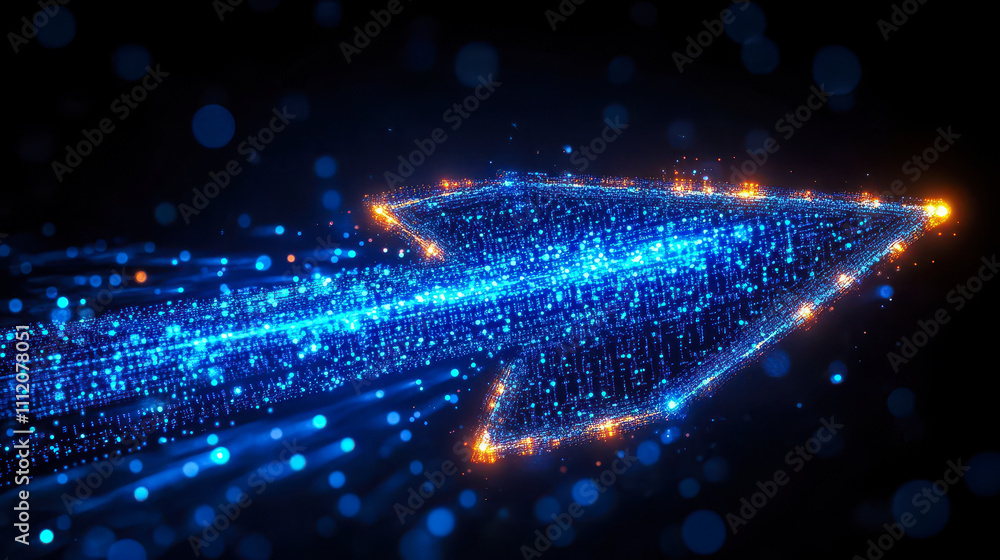 Poster digital arrow with blue matrix binary code and pixelated motifs