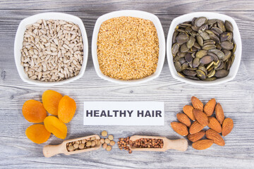 Nutritious food as source differents vitamins and minerals for healthy hair