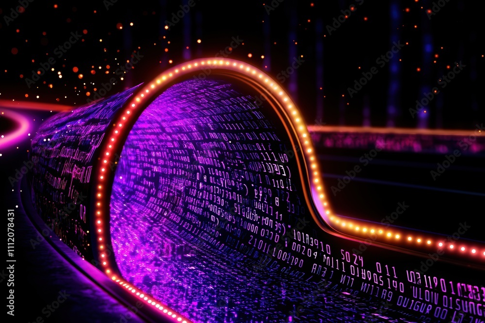 Poster a vibrant, abstract representation of a digital pathway with glowing lines and binary code, evoking 