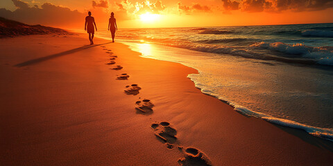 Silhouette of Couple Walking Along Beach at Sunset