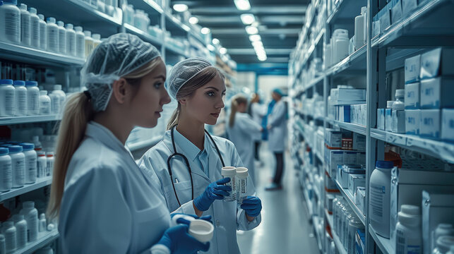 A group of healthcare professionals working in a state-of-the-art pharmaceutical warehouse, surrounded by meticulously organized shelves of medical supplies.