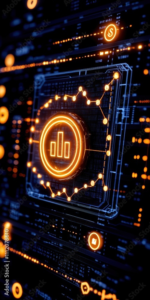 Poster a futuristic digital interface showcasing data analysis with glowing orange graphics against a blue 