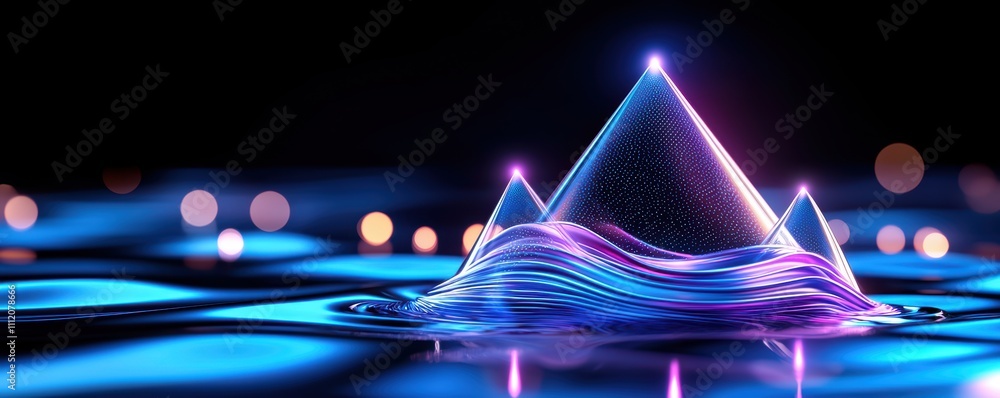 Poster a vibrant, illuminated pyramid rises from shimmering water, surrounded by soft waves and colorful li