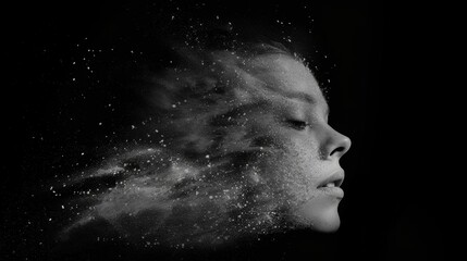 Abstract black-and-white depiction of a woman's face dissolving into fine, flowing particles