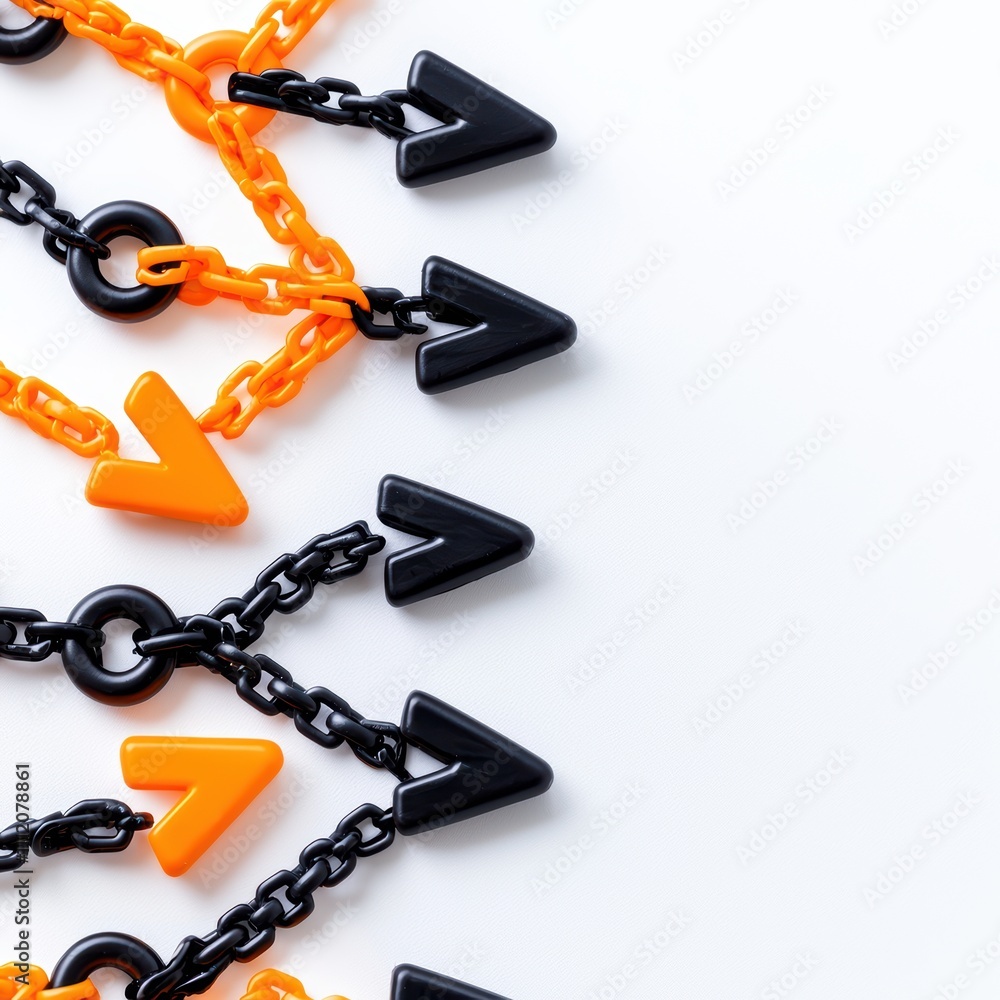 Poster colorful chains in black and orange feature triangular shapes, creating a modern, playful design per