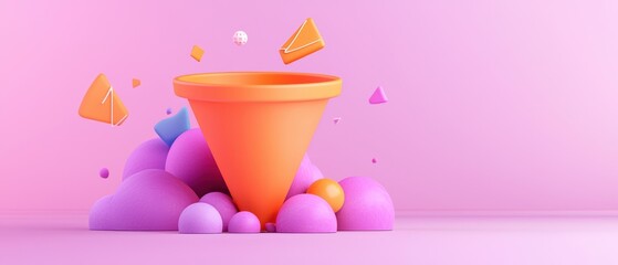 A vibrant orange cone stands atop colorful, soft shapes against a pastel pink background, creating a playful, modern aesthetic.