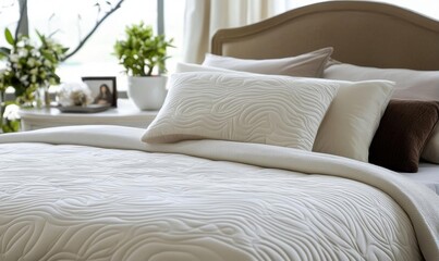 A neatly arranged bed with textured bedding and decorative pillows.