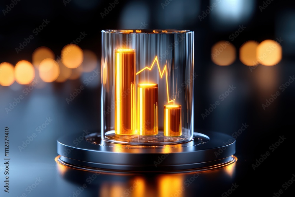 Aufkleber a futuristic glass display showcases glowing financial bars and a line graph, emphasizing data visua