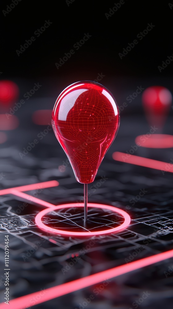 Poster a vibrant red location pin stands out against a dark, digital map background, symbolizing navigation