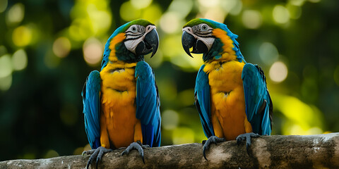 Colorful Parrots Perched on a Branch in Lush Forest