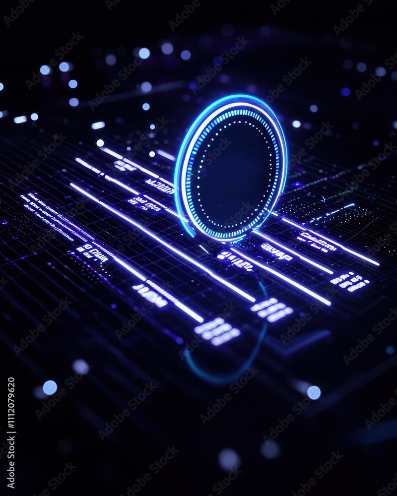 Poster a futuristic digital landscape featuring glowing blue circular shapes and interconnected lines, sugg
