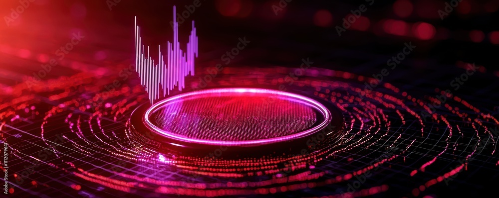Poster a vibrant, digital representation of sound waves emanating from a circular base, surrounded by glowi