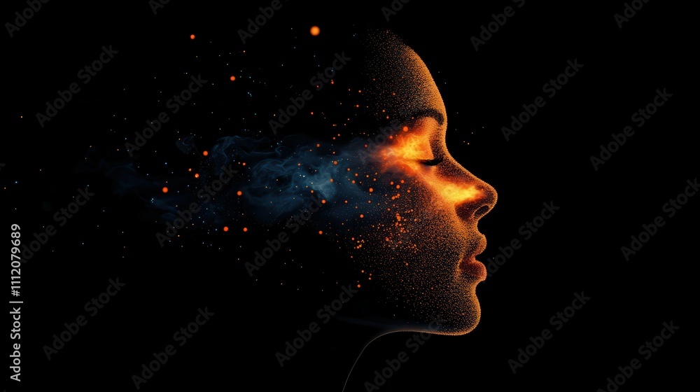 Aufkleber abstract profile view of a human face with digital particle dispersion on dark background.