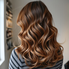 Fototapeta premium Women, caramel highlights on brown hair layering wavy hair color.
