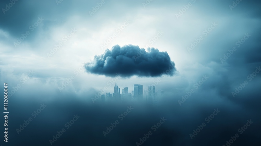 Poster a moody skyline emerges through mist and dark clouds, creating a mysterious atmosphere in a cityscap