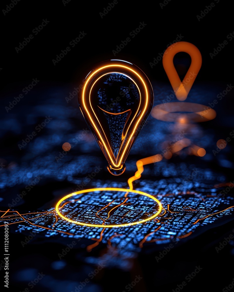 Poster a vibrant digital map featuring glowing location pins, highlighting navigation and connectivity in a