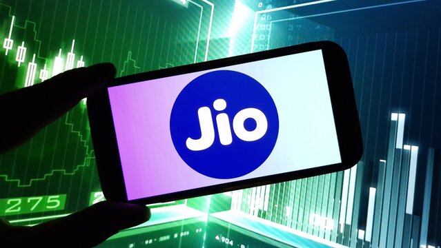 Konskie, Poland - December 01, 2024: Jio Financial Services company logo displayed on mobile phone