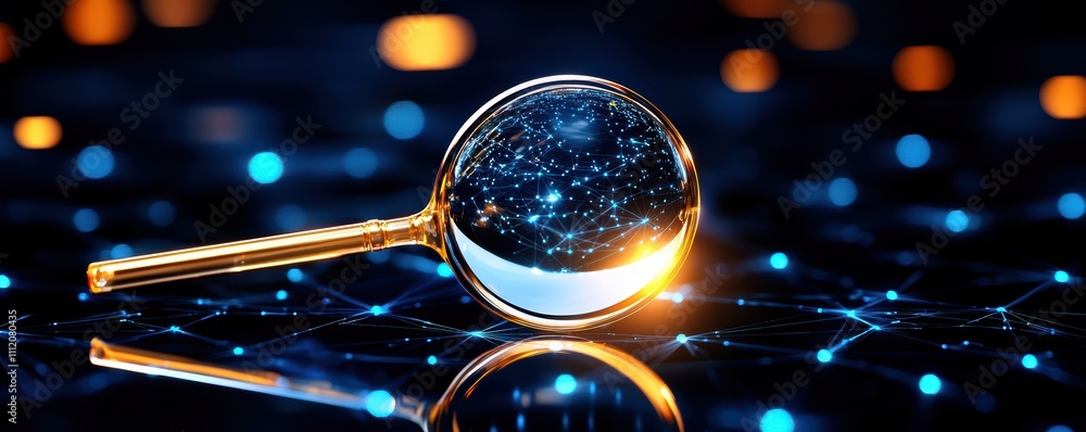 Poster a magnifying glass reflects a cosmic view with vibrant colors and intricate patterns, set against a 