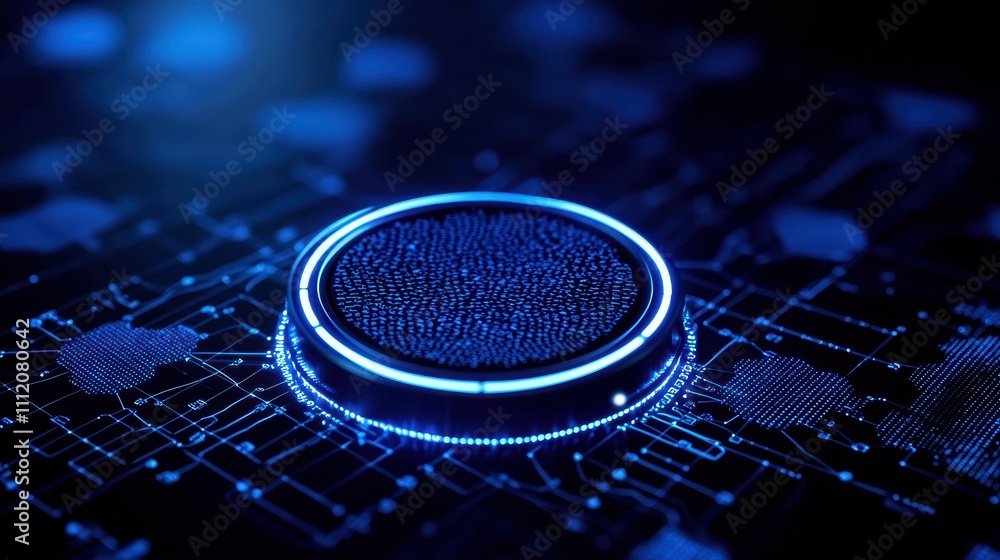 Poster a glowing circular interface on a digital circuit board, showcasing futuristic technology with a blu