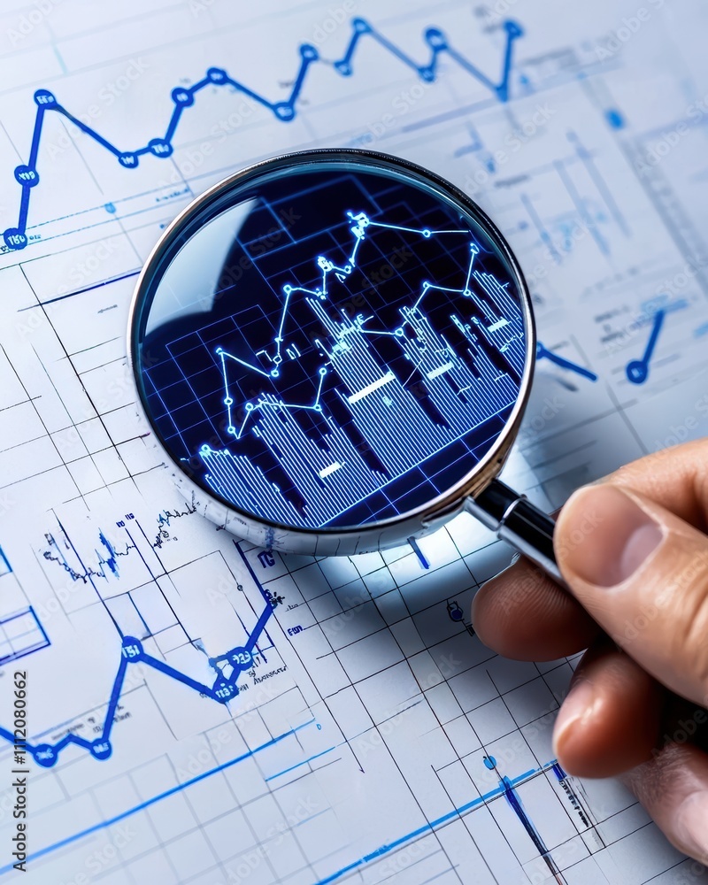 Poster a hand holding a magnifying glass focuses on a digital graph, symbolizing analysis and data interpre