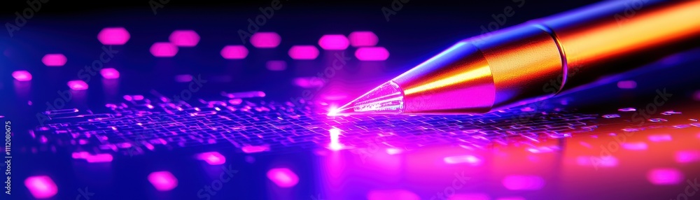 Poster a vibrant close-up of a pen tip emitting colorful light particles against a dark background, creatin