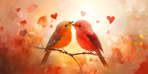 Two Lovebirds on a Branch with Red Hearts in Background