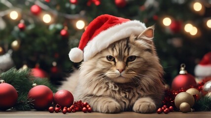 Obraz premium christmas cat and christmas tree