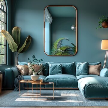 A turquoise-colored living room with a large rectangular mirror in a copper frame on the wall. The decor is in copper tones.