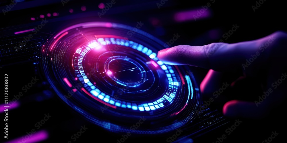 Poster a glowing, futuristic interface with colorful lights and a hand interacting with a digital display.