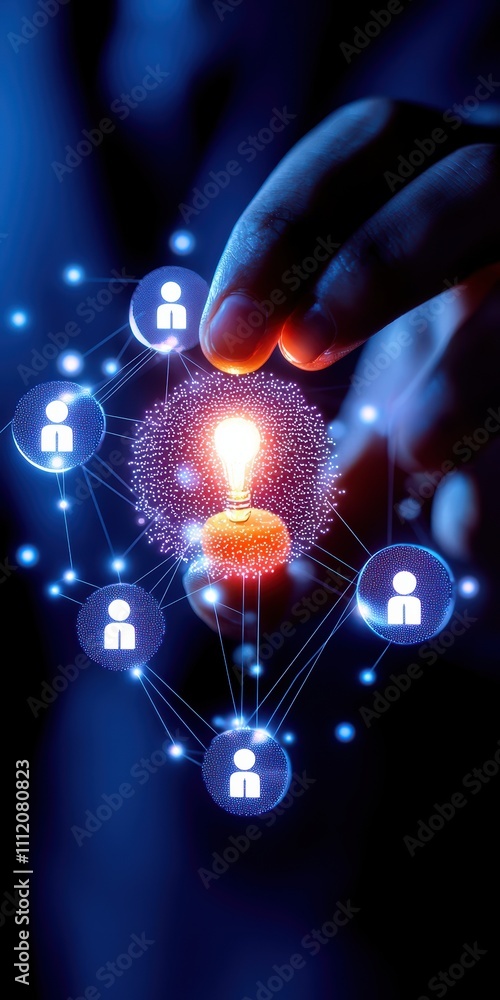 Poster a hand reaches towards a glowing network of connected icons, symbolizing digital innovation and comm