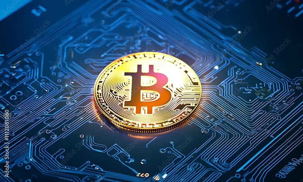 Poster Bitcoin on a Circuit Board: Digital Currency Closeup