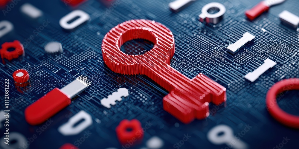 Poster a vibrant close-up of a red key amidst various digital elements, symbolizing security and access in 