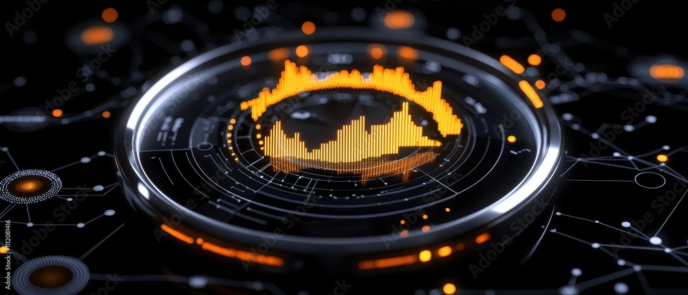 Poster image depicts a futuristic audio visualization with vibrant orange waveforms, surrounded by a networ