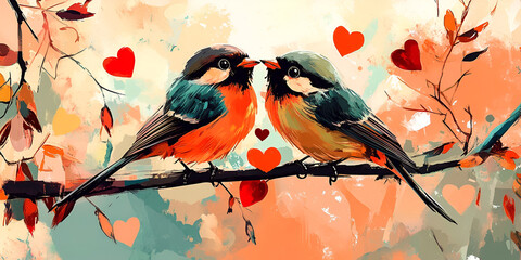 Two Lovebirds on a Branch with Red Hearts in Background