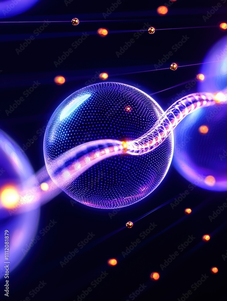 Poster a colorful, abstract representation of atomic or molecular structures with glowing spheres and a wav