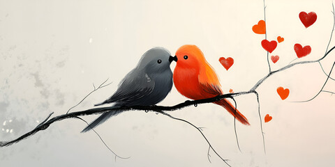 Two Lovebirds on a Branch with Red Hearts in Background
