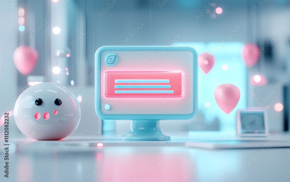 Poster a whimsical computer and a cute character set in a pastel-themed environment filled with floating he