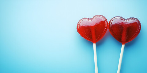 Red Heart-Shaped Lollipops Against Blue Background