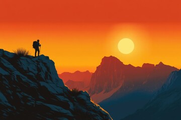 Hiker admiring sunset from mountain peak.